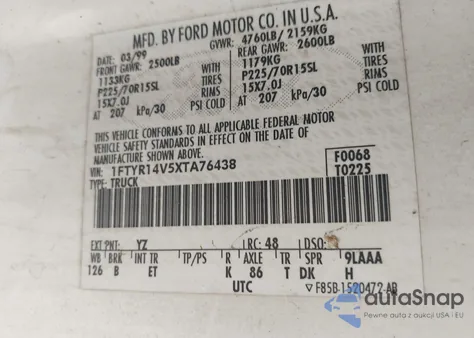 1999 Ford Ranger Xl/Xlt z USA, uszkodzony, nr VIN 1FTYR14V5XTA76438